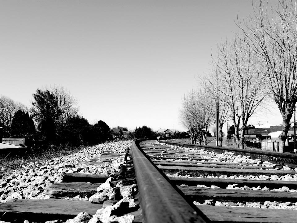 Rails de chemin de fer en noir et blanc, Llanquihue, Chili